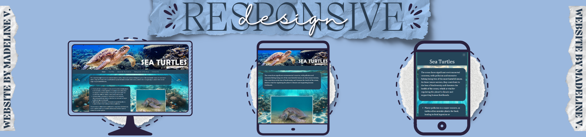 An image with a light blue background, and the top center reads 'Responsive Design'. Below is a computer, tablet, and a mobile phone, displaying a website that reads 'Sea Turtles' at the very top, each layout different.